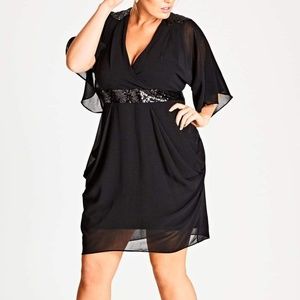 Sequinned Faux Wrap Dress - Black- NWT